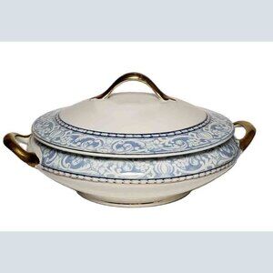 Vintage W. H. Grindley Covered Vegetable Dish Bowl Jasper White Blue Porcelain